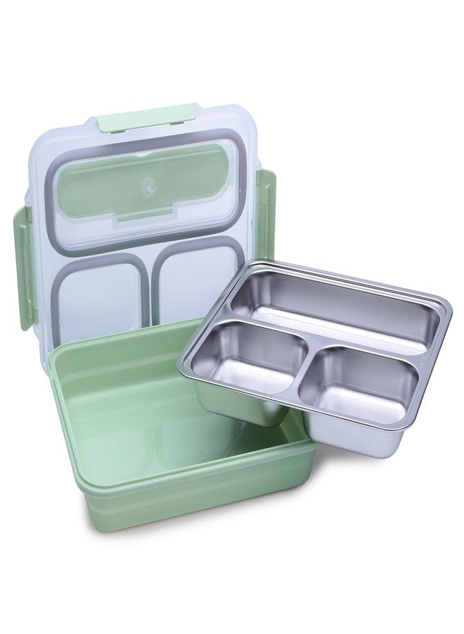 Celltone Fridge to Oven Microwave Safe Stainless Steel Reusable Food Storage Lunch Box with Leak-Proof and Airtight Lids (3 Partition Lunch Box, Green) - Image 1